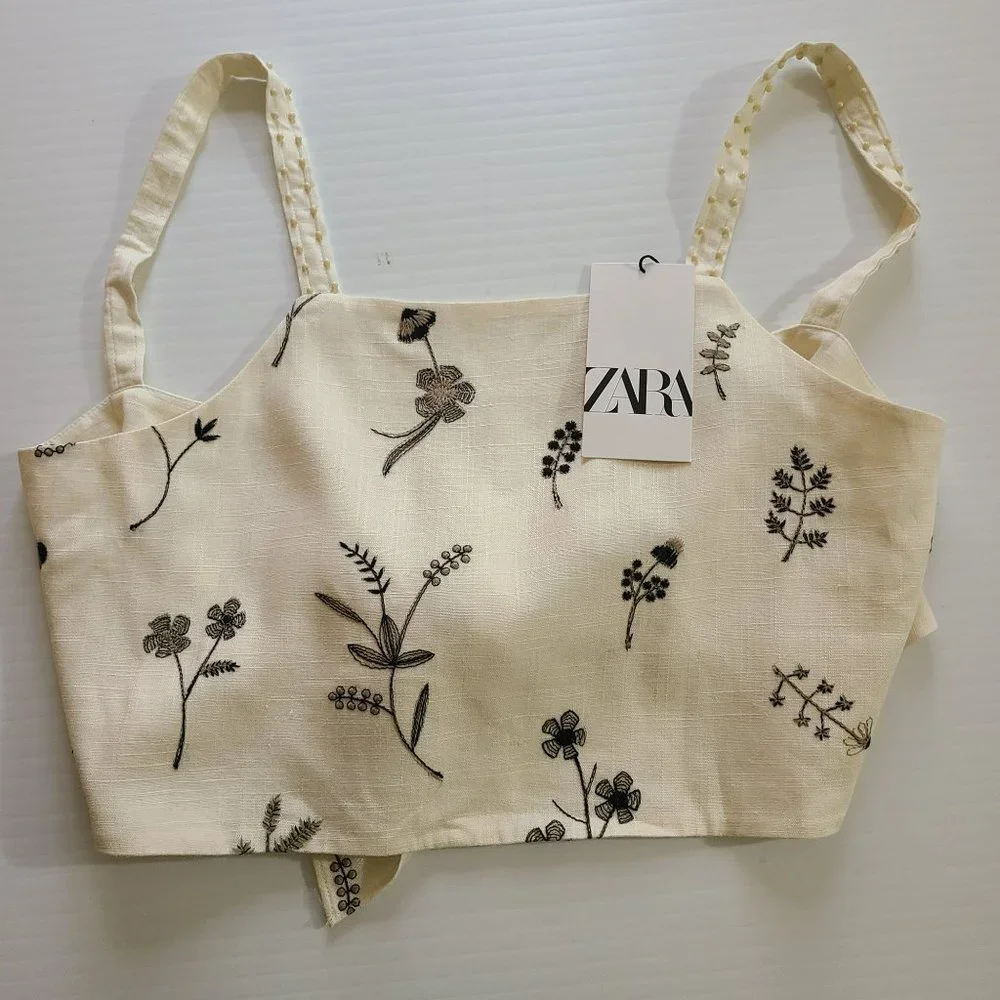 ZARA  EMBROIDERED LINEN BLEND TOP ECRU SIZE M | 2731/250